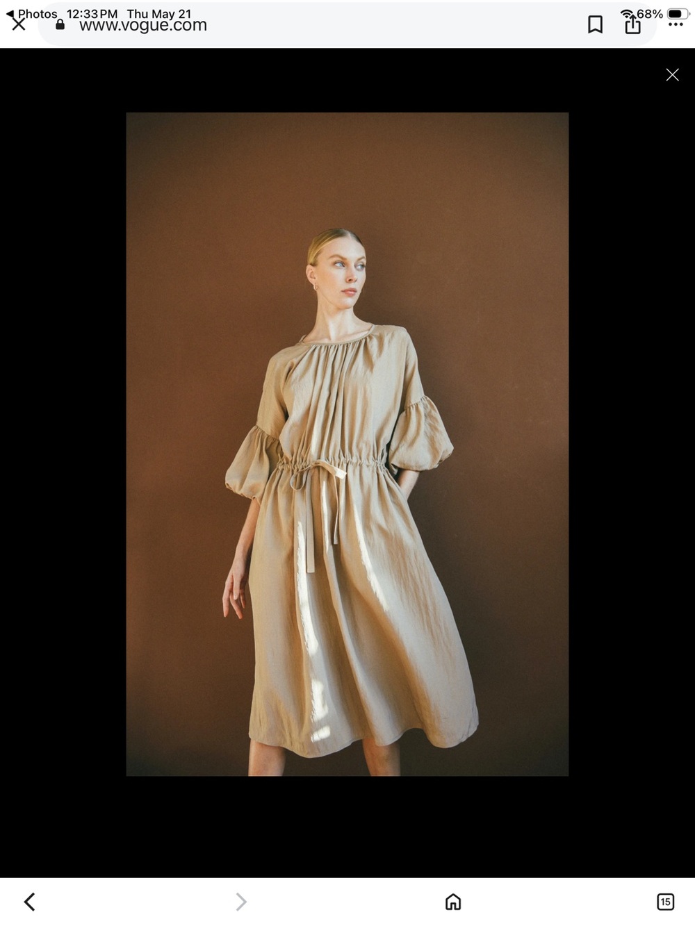 Neutral Beige Drawstring Midi Dress with Puff Sleeves from Saks